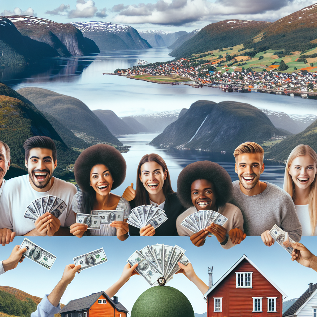 En collage av glade mennesker som holder penger, papirer som symboliserer lån, og bakgrunn av Norske landskap
