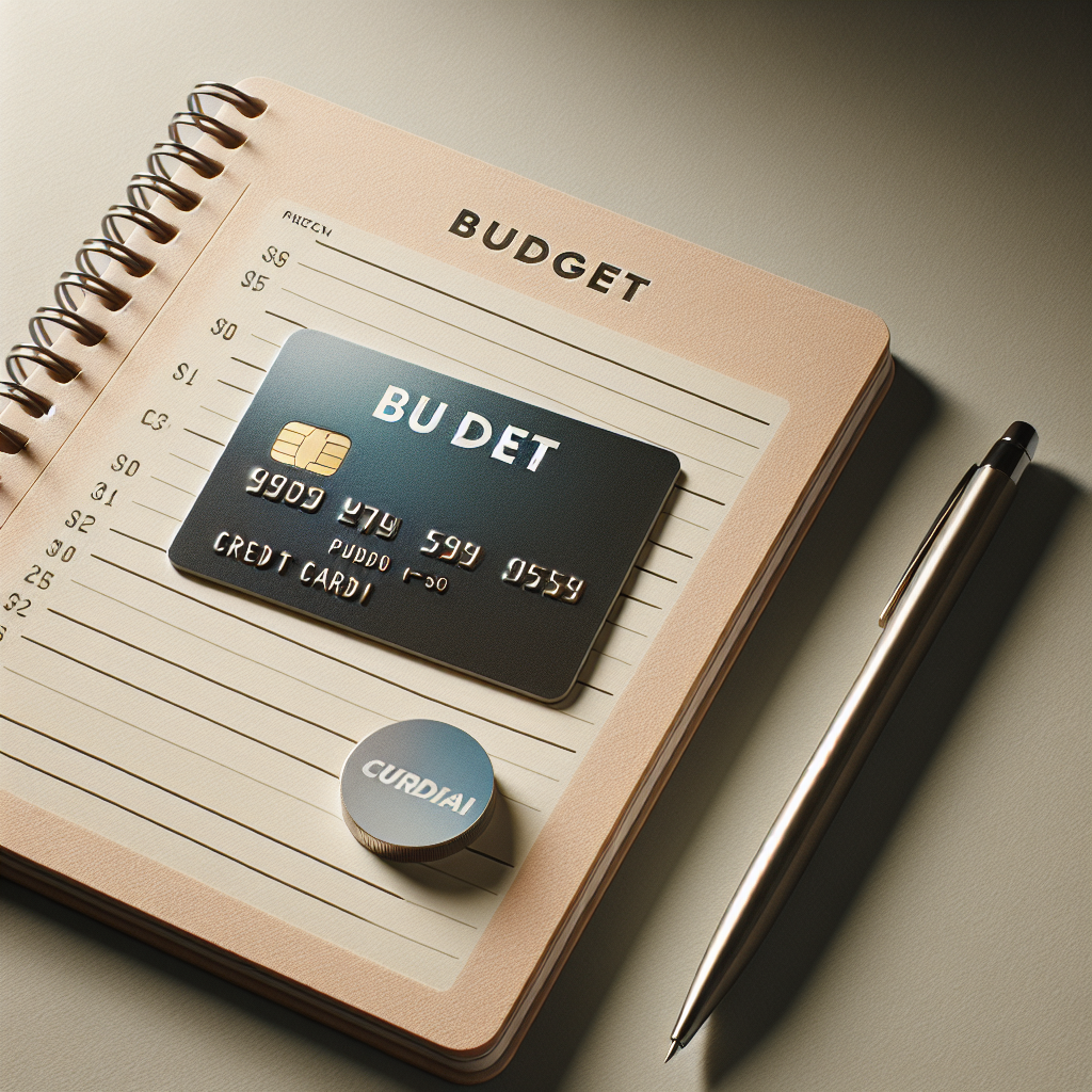 Nærbilde av et Visa-kredittkort ved siden av en notatblokk med budsjett, pen og moderne stil, dempet bakgrunn, nordisk fargepalett