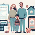Illustrasjon av økonomisk ansvar: en norsk familie foran et åpent budsjettark, kalkulator, sparegris og smartphone med finansapper, rolig fargepalett