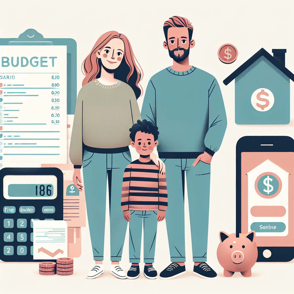 Illustrasjon av økonomisk ansvar: en norsk familie foran et åpent budsjettark, kalkulator, sparegris og smartphone med finansapper, rolig fargepalett