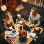 Oversiktsbilde av en moderne norsk familie som planlegger økonomi ved kjøkkenbordet: laptop, kalkulator, kuponger, festdekorasjoner i bakgrunnen, varm belysning