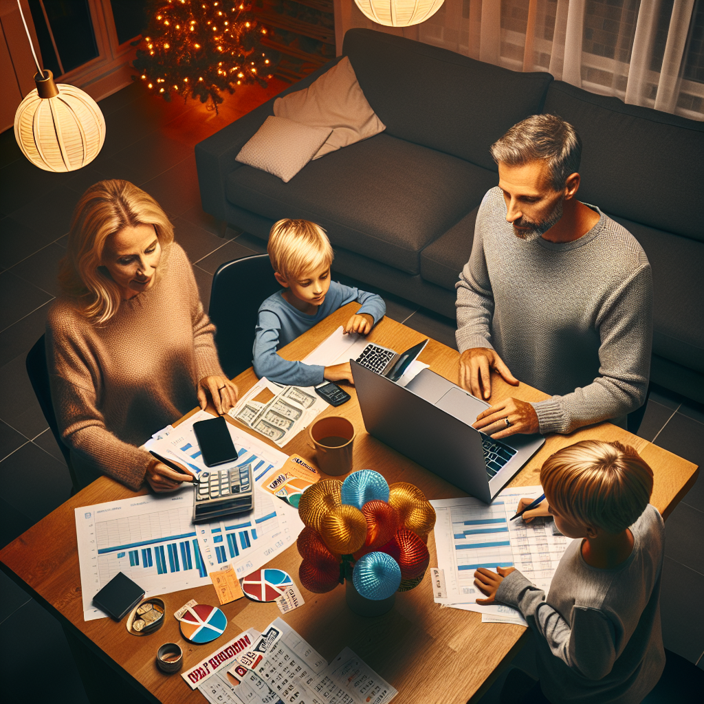 Oversiktsbilde av en moderne norsk familie som planlegger økonomi ved kjøkkenbordet: laptop, kalkulator, kuponger, festdekorasjoner i bakgrunnen, varm belysning